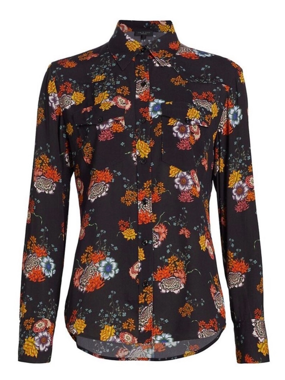 rag & bone Black Farren Floral Button-Down Shirt with Multicolor Blooms